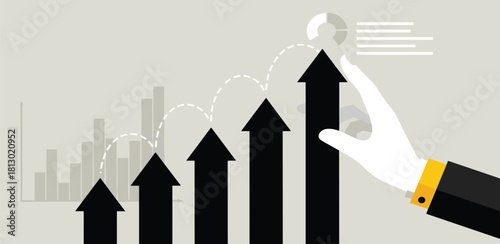 Flat design vector illustration of a hand pushing an arrow upwards on a bar chart, representing business growth, strategy, and success
