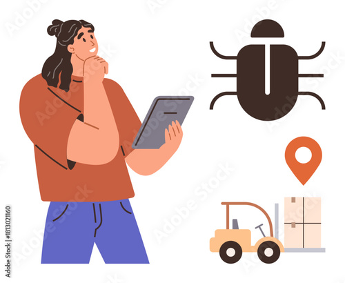 Woman holding a tablet in thoughtful expression, bug icon symbolizing error or debugging, forklift moving boxed inventory, and location pin. Ideal for logistics, error analysis, auditing, debugging