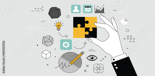 Conceptual illustration of business strategy and problem solving, a hand puts the final piece of a puzzle in place surrounded by creative icons