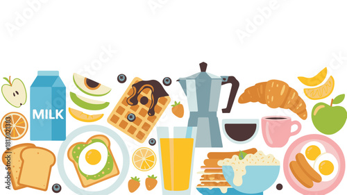 Assortment of Breakfast Food and Drinks Keywords: breakfast, food, drink, waffle, pancake, toast