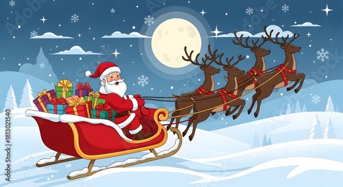 Santa Claus in his sleigh full of gifts flying with his reindeer through the snowy night sky.