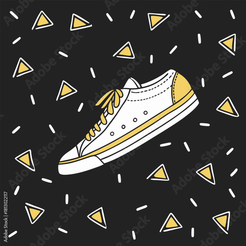 White Canvas Sneaker with Triangles and Confetti Keywords: sneaker, shoe, canvas, white, yellow