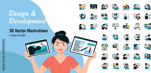 A comprehensive vector illustration set showcasing UI/UX design, web development, and the creative coding process for modern digital projects