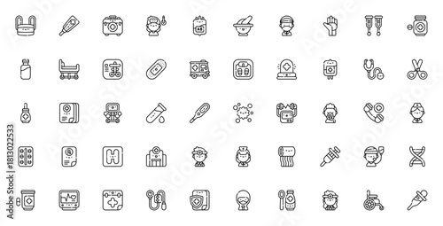 Hospital icon set. Medical vector illustration. Healhcare symbols pack. Includs doctor, nurse, patient, mbulance, syringe, stethosope, drugs, emergency and ore. Editable stroke.