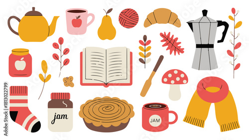 Cozy Autumn Collection of Objects Keywords: autumn, fall, cozy, collection, objects, teapot, mug