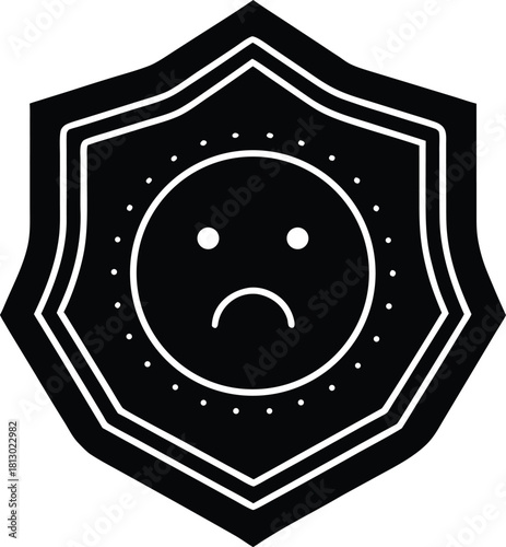 Sad face icon within a circular badge emblem