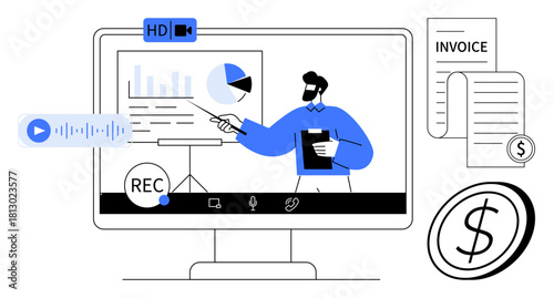 Person giving a virtual presentation with graphs, charts, and finance-related icons. Ideal for remote work, financial analysis, digital business, video conferencing, education, online training