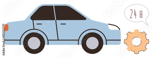 Blue car with speech bubble displaying 24H beside orange gear, representing nonstop vehicle services, repair, and support. Ideal for mobility, maintenance, car rental, auto repair, customer service