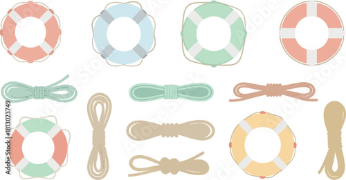 Colorful Lifebuoys with Ropes in Pastel Shades for Safety and Nautical Decor