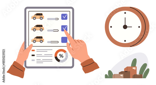 Hands reviewing a car selection checklist with graphs, a clock for time tracking, and delivery boxes. Ideal for delivery, logistics, decision-making, time management, organization, business plans