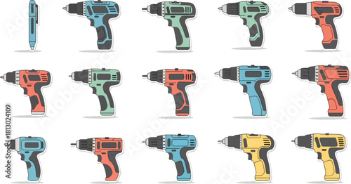 Set of Colorful Cordless Power Drills in Various Colors on White Background