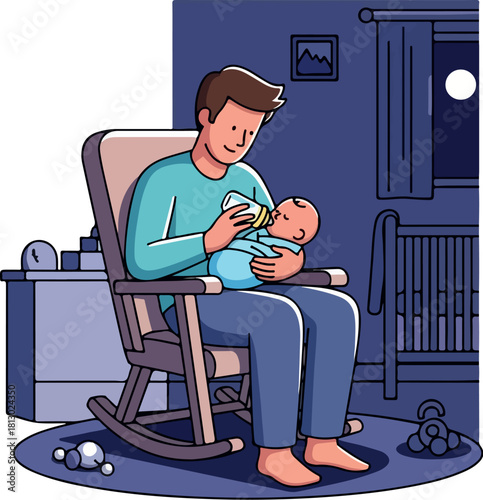 Illustration of a man sitting in a rocking chair feeding a baby with a bottle in a nursery with a soothing atmosphere.