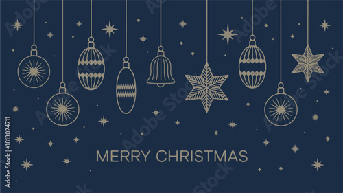 Minimalist Christmas Ornaments and Stars on Navy Blue Background