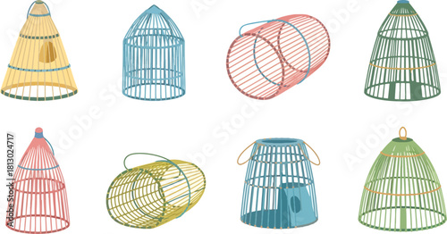 Colorful Wire Bird Cages Set with Various Shapes and Sizes for Decorative Use