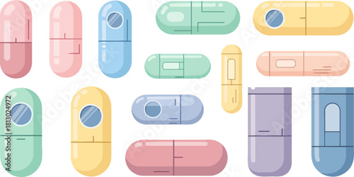 Colorful Assorted Capsules in Various Pastel Colors on White Background