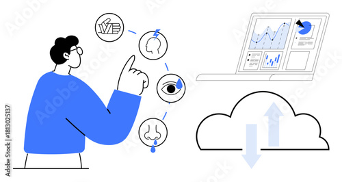 Person gesturing to senses and icons representing data analysis, human experience, and cloud computing. Ideal for education, AI, machine learning, healthcare, technology, sensory science innovation