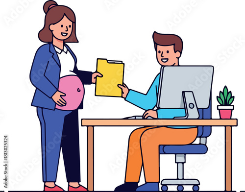 A 2D vector illustration of a pregnant woman handing a folder to a smiling man sitting at a desk with a computer, conveying a joyful office scene.