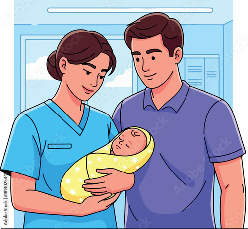 A 2D vector illustration of a smiling doctor and a man holding a swaddled newborn baby in a hospital setting with a calm mood.