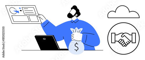 Financial collaboration concept. Financial data management, teamwork, and cloud-based solutions streamline operations. Financial technology for cloud innovation and team cooperation. For fintech