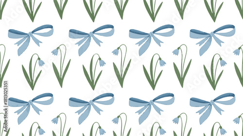 Seamless Pattern of Blue Bows and Snowdrop Flowers Keywords: snowdrop, flower, blue, bow, ribbon