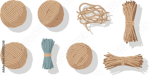 Assorted Natural Jute and Cotton Twine Balls and Bundles on White Background