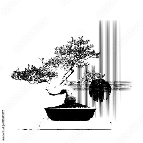 Monochrome bonsai tree with linear background and dark circle is a striking image that is very cool