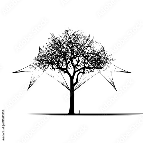 Silhouette tree with abstract geometric shapes and a small figure near the base