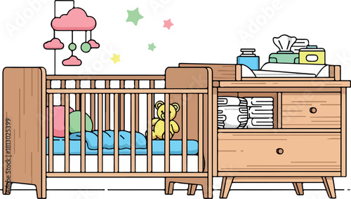A 2D vector illustration of a pregnant woman's nursery with a crib, changing table, and mobile, conveying a warm and welcoming atmosphere with soft colors.