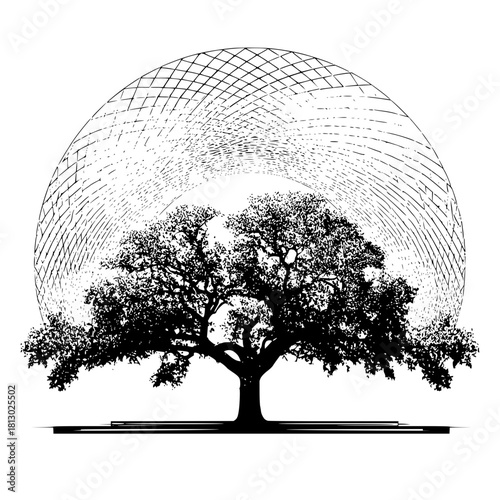 A majestic tree with a geometric halo creating a striking contrast in black and white design