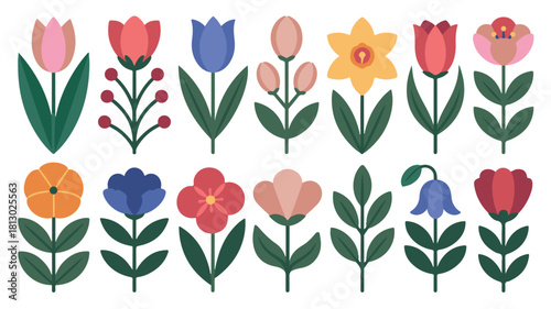 Set of Stylized Folk Art Flowers floral tulip