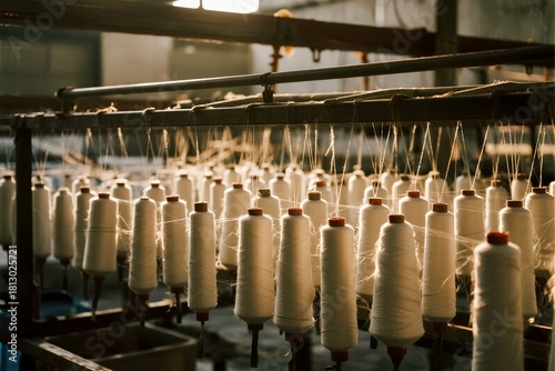 Rows of thread spools on a textile machine in a factory setting