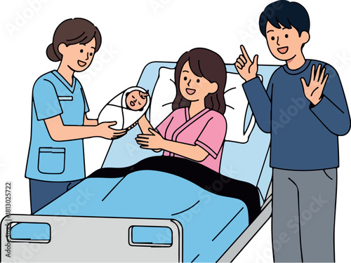 A cheerful 2D vector illustration of a pregnant woman in a hospital bed holding a newborn baby as a nurse presents the infant while the father gestures happily beside them.