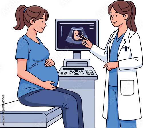 A pregnant woman sits on an examination table while a female doctor explains an ultrasound scan on a monitor in a clinical setting during Christmas.