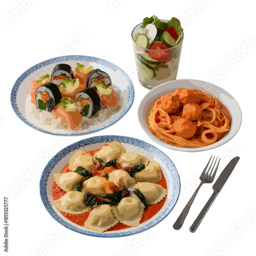 A delicious assortment of japanese sushi rolls italian pasta with tomato sauce and dumplings in a rich sauce served with a fresh salad all isolated on white background