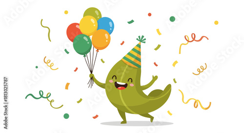 Joyful Cartoon Character Celebrates a Special Occasion with Balloons and Confetti