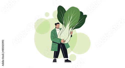 Joyful Person Embraces Immense Bok Choy Fresh Vegetable on Black Background Illustration