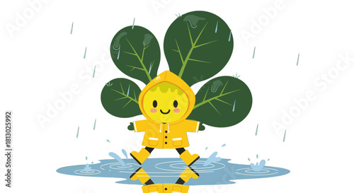 Joyful Character Plays In A Puddle With Lovely Leaves On A Rainy Day