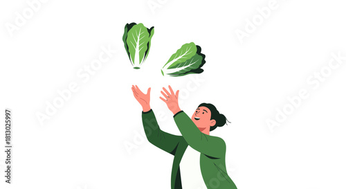 Joyful Person Juggling Fresh Green Lettuce Leaves Against Dark Backdrop, Celebrating