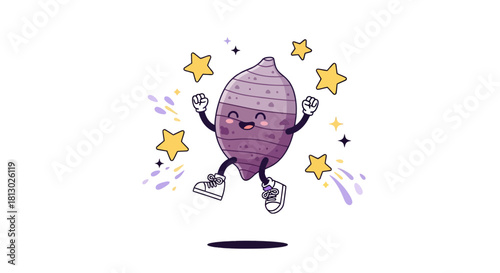Joyful Purple Root Vegetable Character Celebrates with Starburst and Cheerful Smile