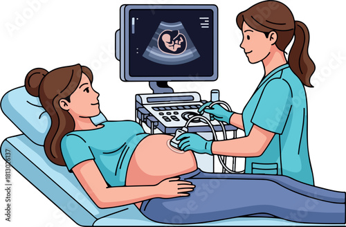 A pregnant woman lies on an examination table while a medical professional performs an ultrasound scan with a 2D vector graphic display.