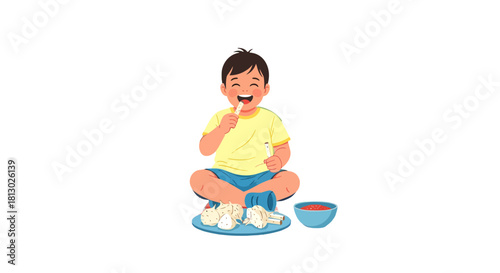 Joyful Child Enjoying Dumplings Meal with Sauce on Black Background Illustration