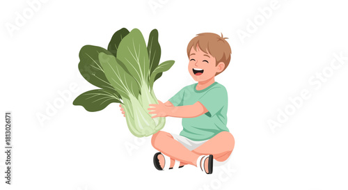 Joyful Child Holding Freshly Harvested Bok Choy Over Black Background