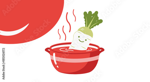 Joyful Radish Bathing in Red Soup with a Cheerful Expression Creating Comfort