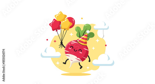 Joyful Radish Birthday Party With Balloons And Clouds Floating In The Sky
