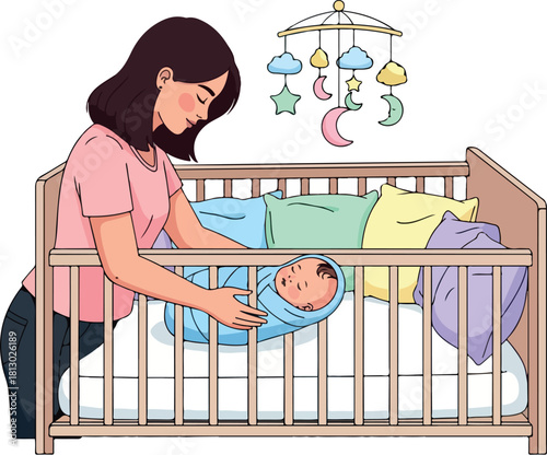 A loving mother gently touches a swaddled baby lying in a crib with colorful mobile toys, against a clean white background, conveying a warm and nurturing mood with soft pastel colors.