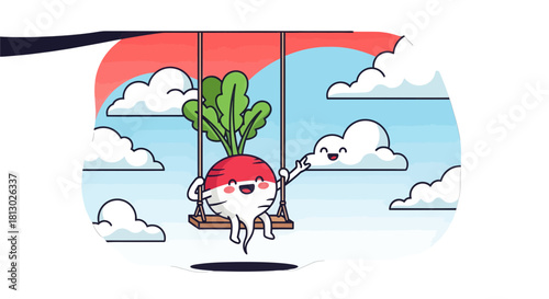 Joyful Radish Character Enjoying The Swing With Cheerful Clouds In A Peaceful Sky