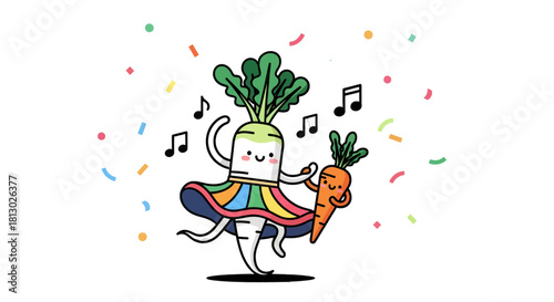 Joyful Dancing Vegetable Friends Celebrating With Colorful Confetti in the Darkness