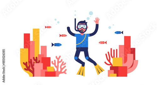 Joyful Diver Exploring a Vibrant Underwater Coral Reef, Enjoying Ocean Adventure