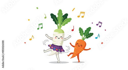Joyful Dancing Vegetables Celebrating With Musical Notes, Black Background Celebration