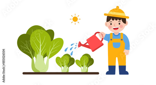 Joyful Farmer Waters His Freshly Grown Vegetable Garden With Sunshine